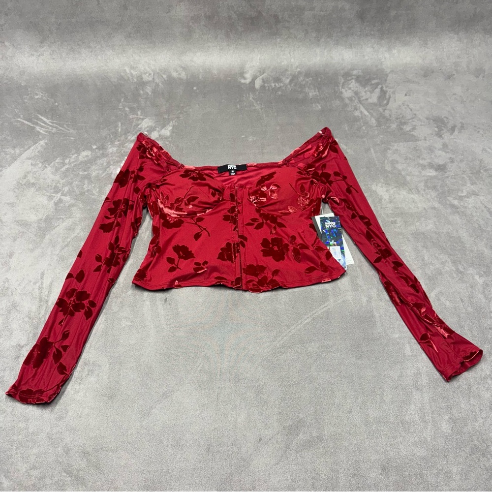 Madden NYC corset Red Velvet Floral Off Shoulder Crop Top long sleeve blouse M